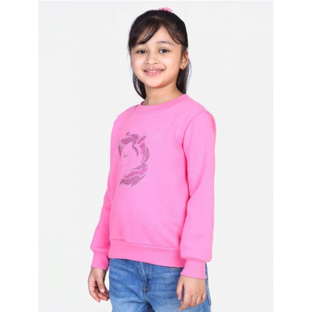 Amfyn Girl's Fleece Embellished Long Sleeves Sweatshirt (Pink)