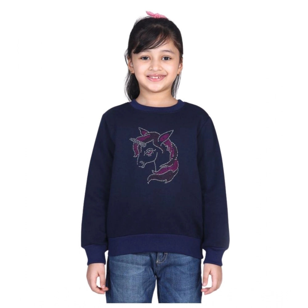 Amfyn Girl's Fleece Embellished Long Sleeves Sweatshirt (Navy Blue)