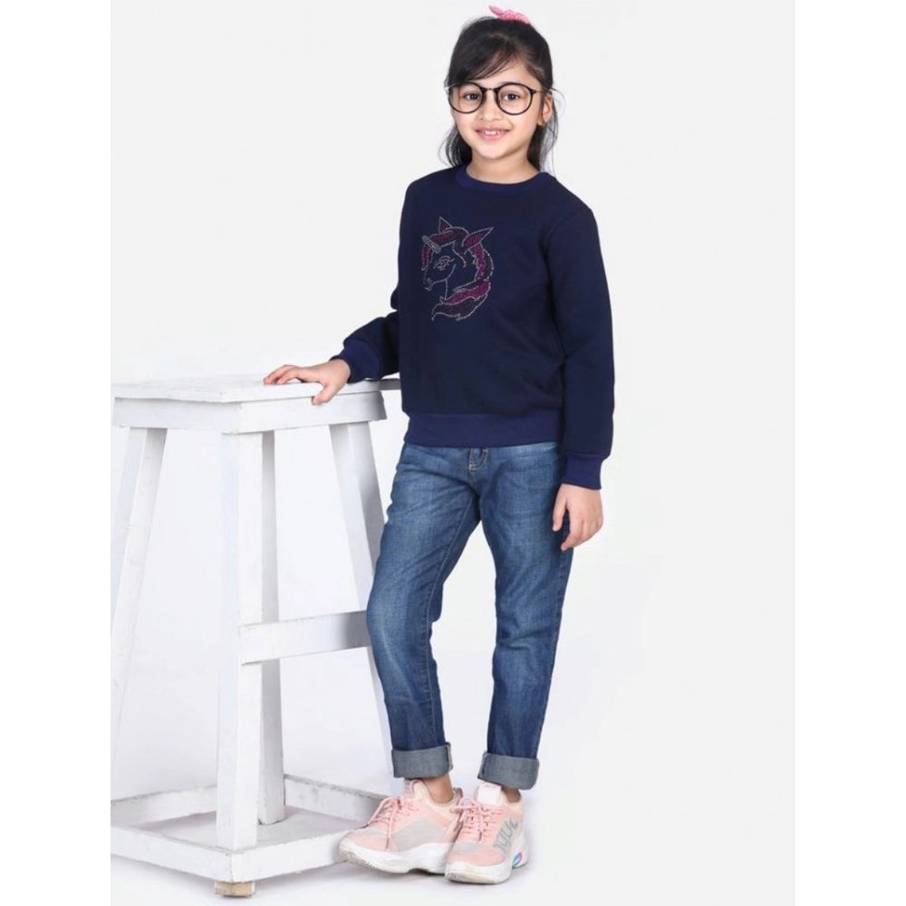 Amfyn Girl's Fleece Embellished Long Sleeves Sweatshirt (Navy Blue)