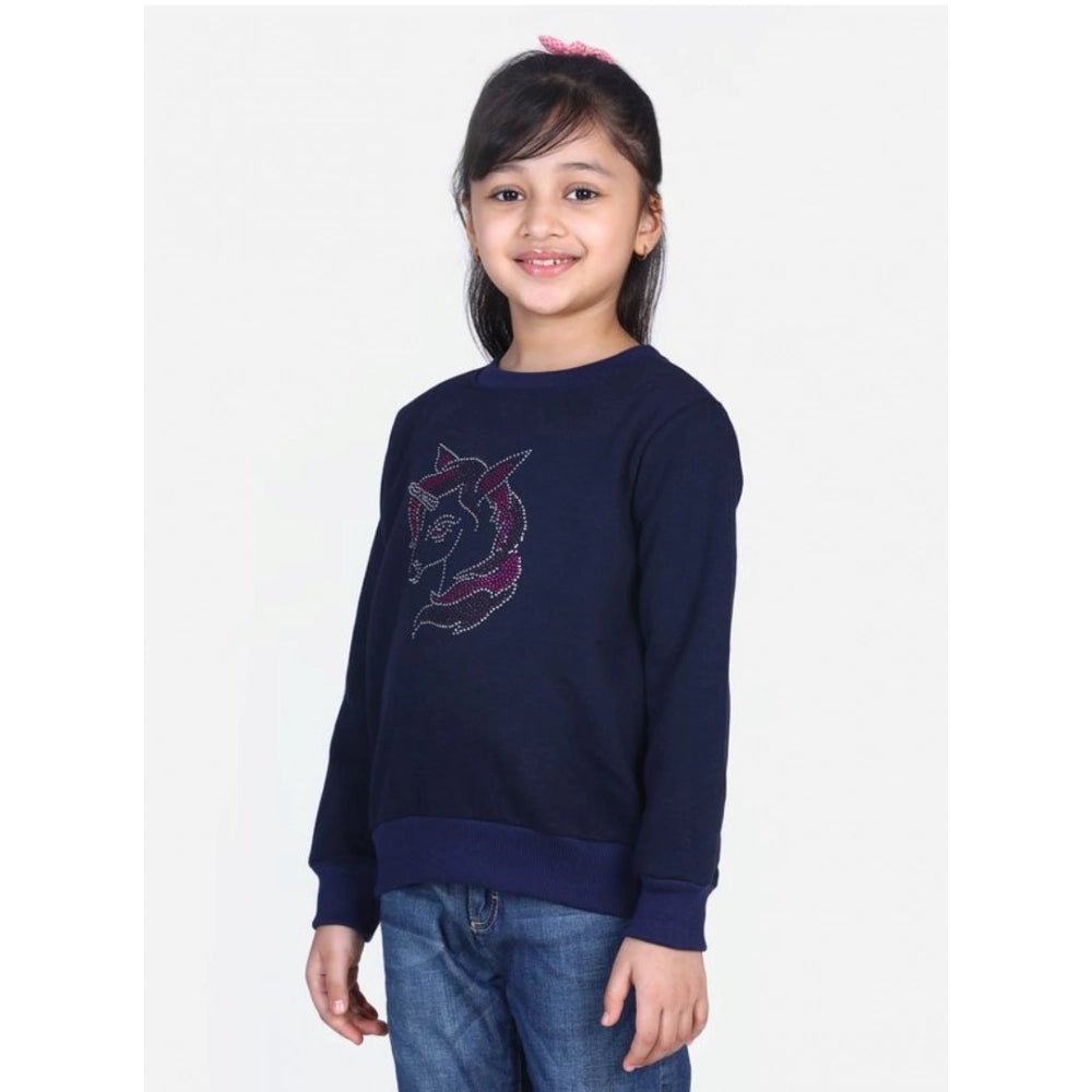 Amfyn Girl's Fleece Embellished Long Sleeves Sweatshirt (Navy Blue)
