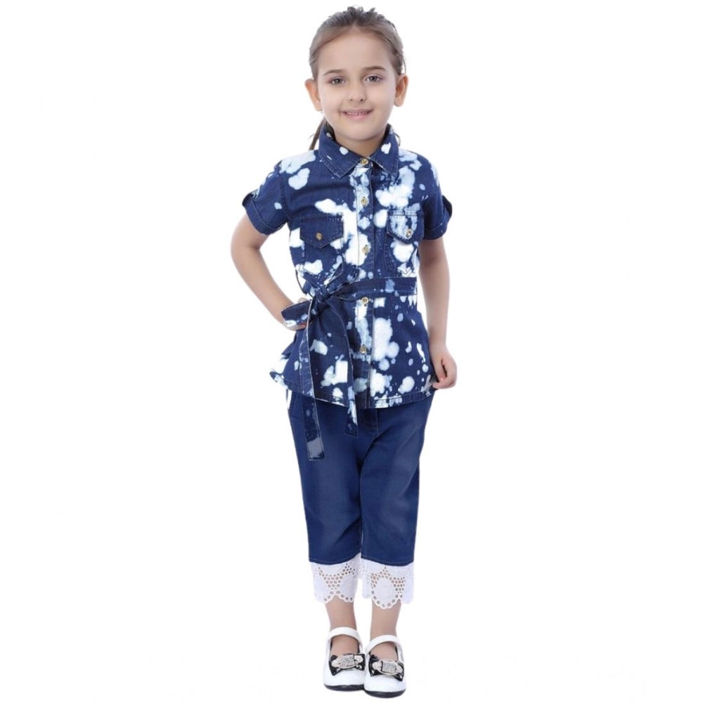 Amfyn Girl's Denim Tie &amp; Dye Short Sleeve Top (Blue-White)