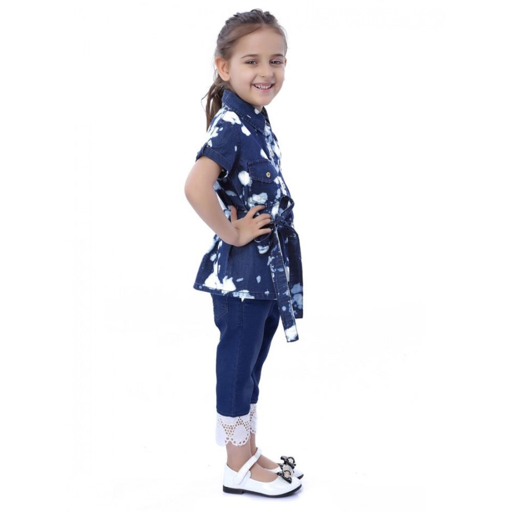 Amfyn Girl's Denim Tie &amp; Dye Short Sleeve Top (Blue-White)