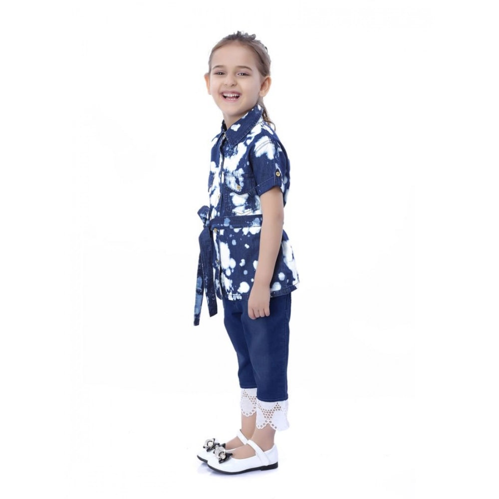 Amfyn Girl's Denim Tie &amp; Dye Short Sleeve Top (Blue-White)