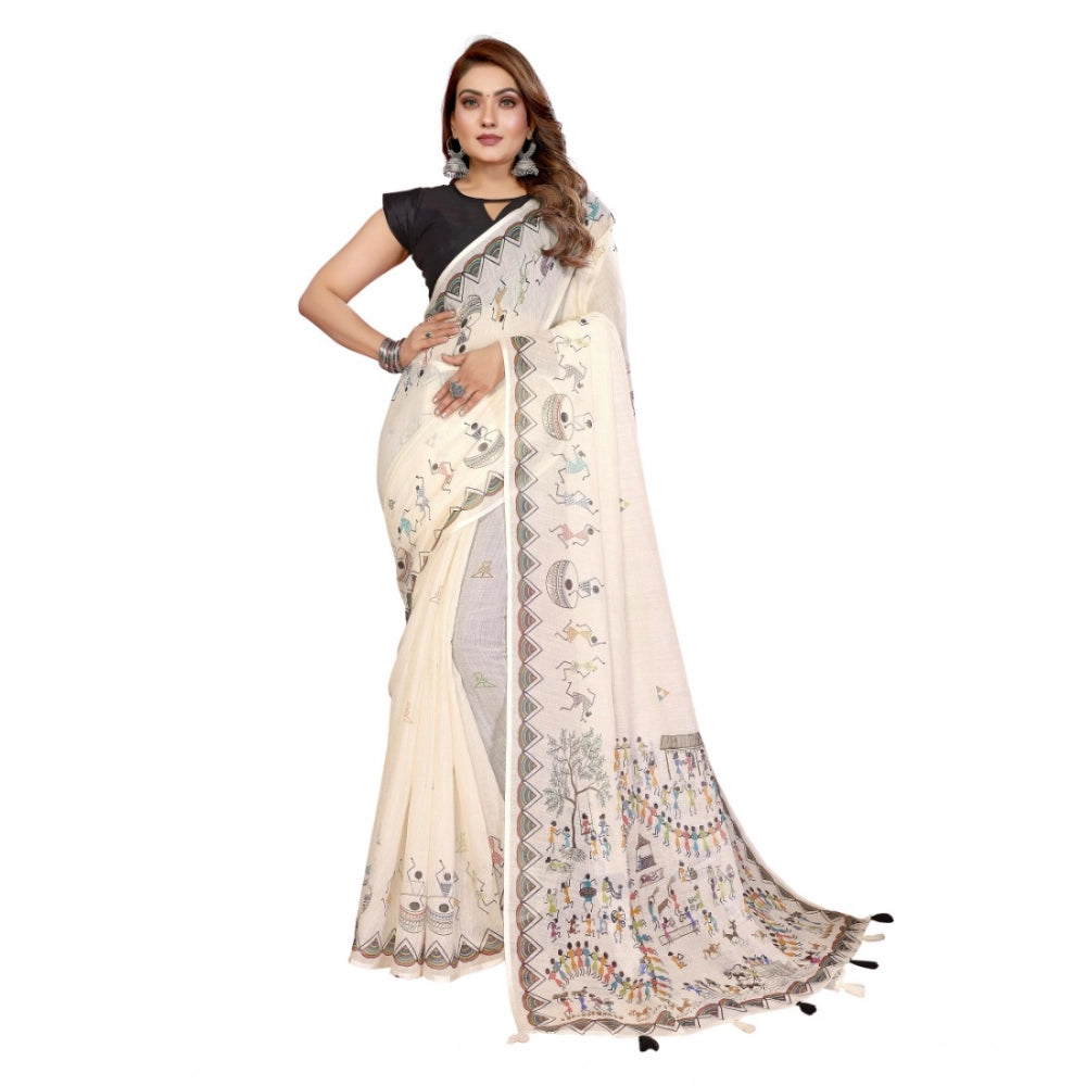 Amfyn Women's Linen Cotton Printed Saree With Unstitched Blouse 5.5Mtr (Off White)