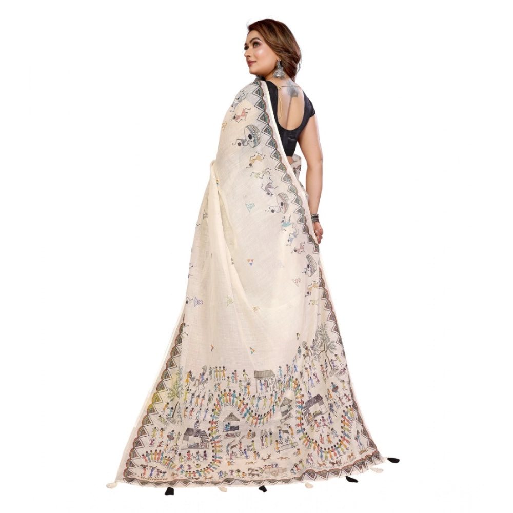 Amfyn Women's Linen Cotton Printed Saree With Unstitched Blouse 5.5Mtr (Off White)