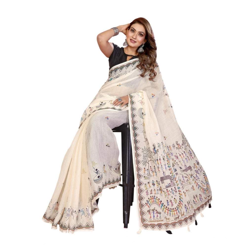 Amfyn Women's Linen Cotton Printed Saree With Unstitched Blouse 5.5Mtr (Off White)