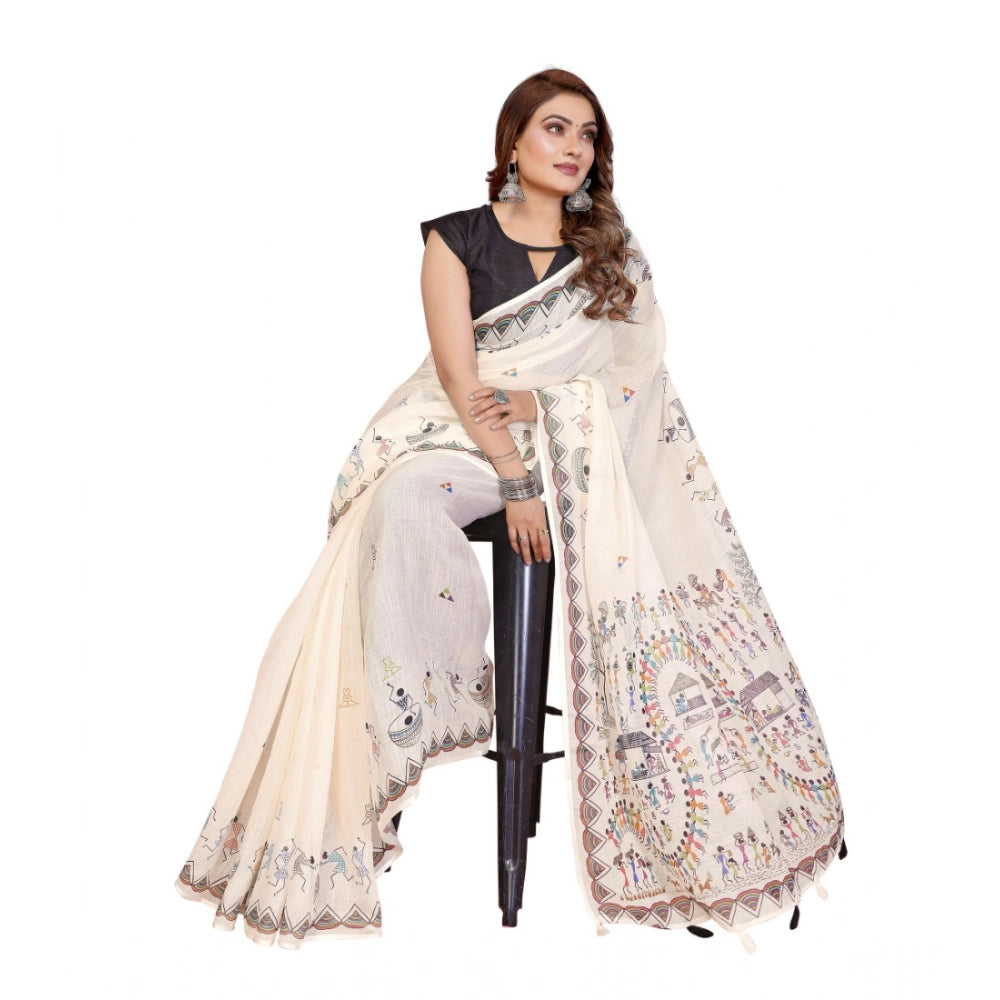 Amfyn Women's Linen Cotton Printed Saree With Unstitched Blouse 5.5Mtr (Off White)