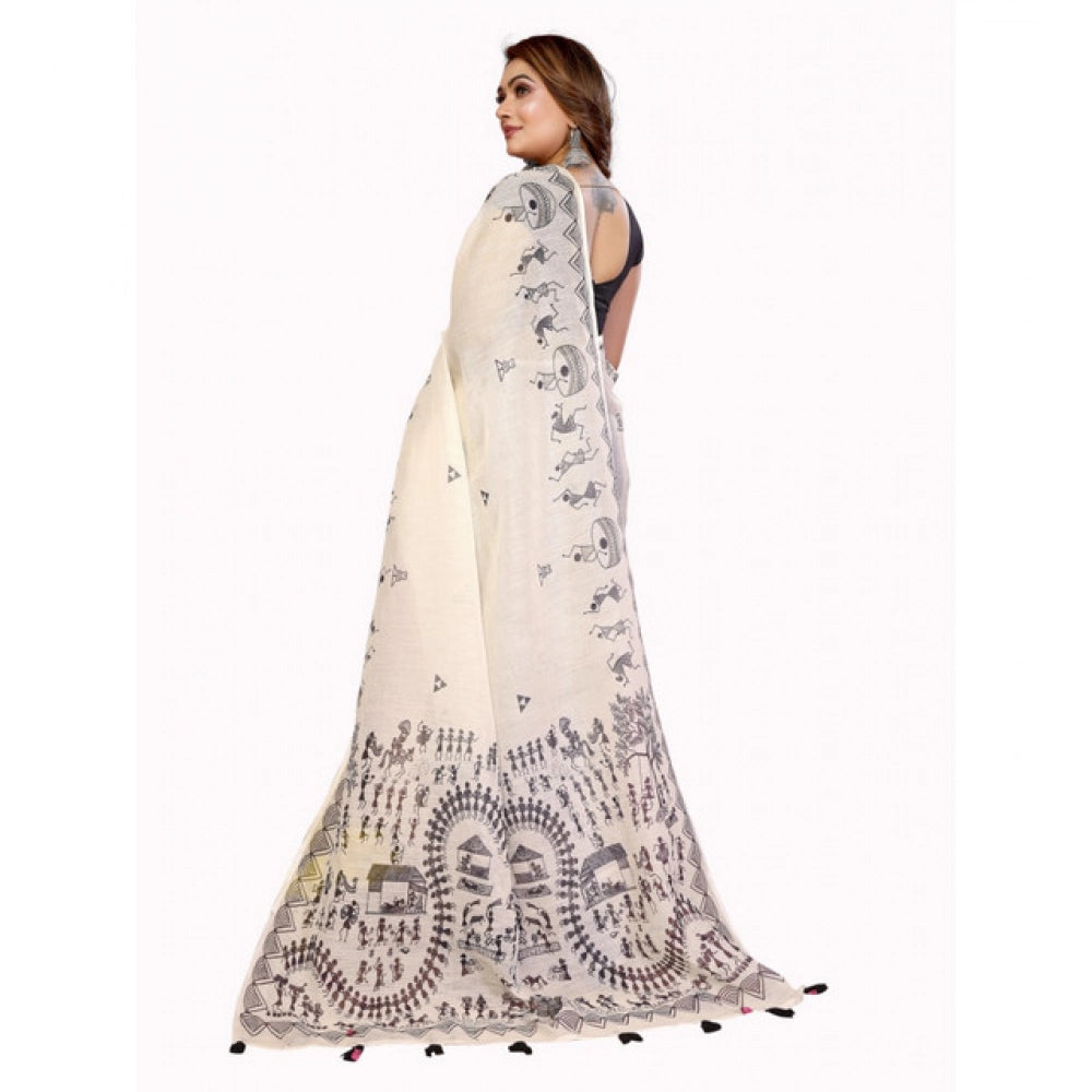 Amfyn Women's Linen Cotton Printed Saree With Unstitched Blouse 5.5Mtr (Off White)