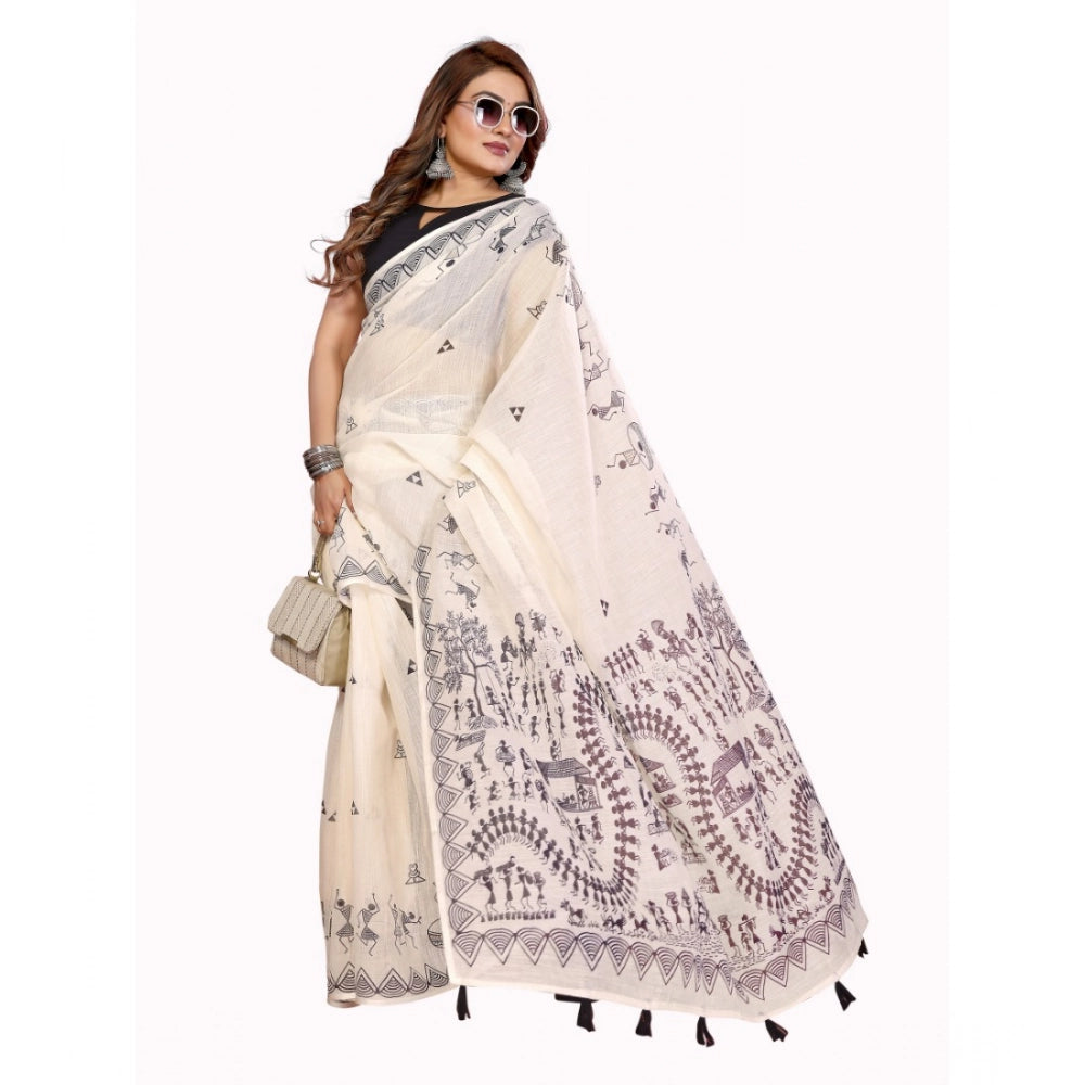 Amfyn Women's Linen Cotton Printed Saree With Unstitched Blouse 5.5Mtr (Off White)
