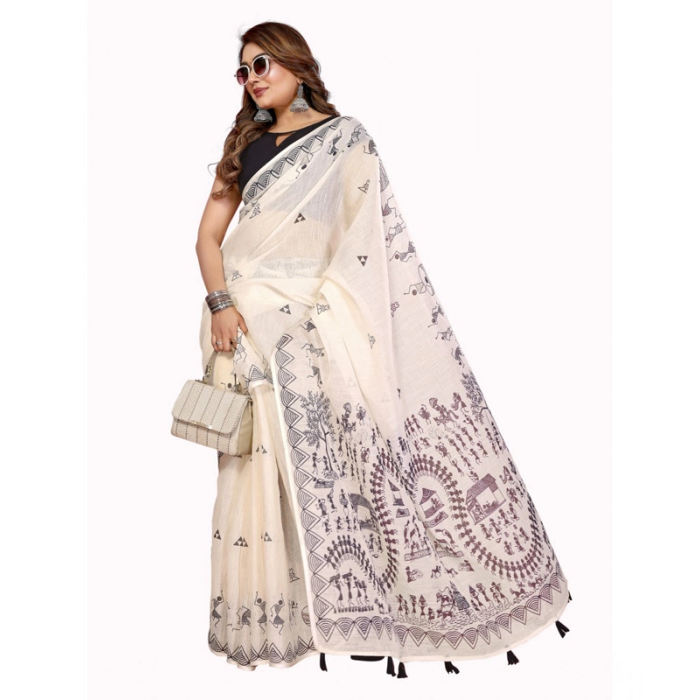 Amfyn Women's Linen Cotton Printed Saree With Unstitched Blouse 5.5Mtr (Off White)
