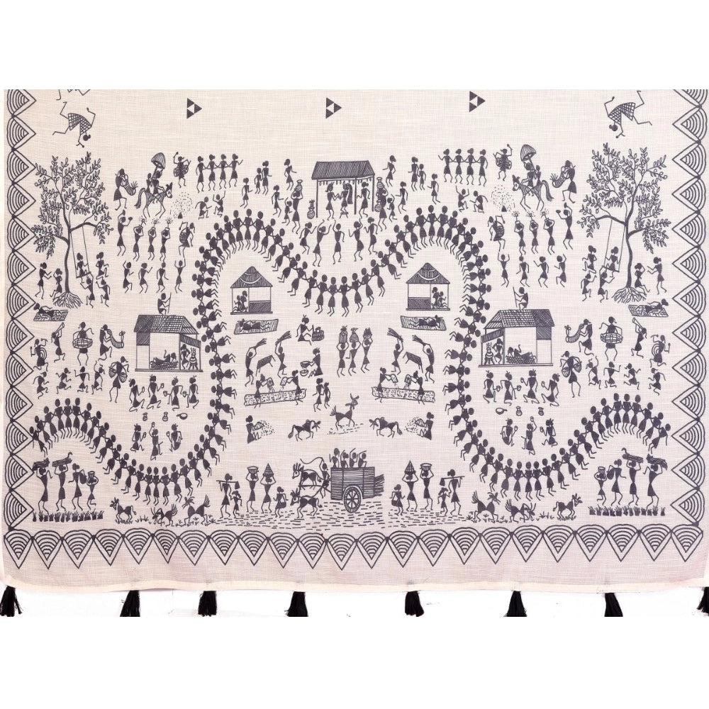 Amfyn Women's Linen Cotton Printed Saree With Unstitched Blouse 5.5Mtr (Off White)
