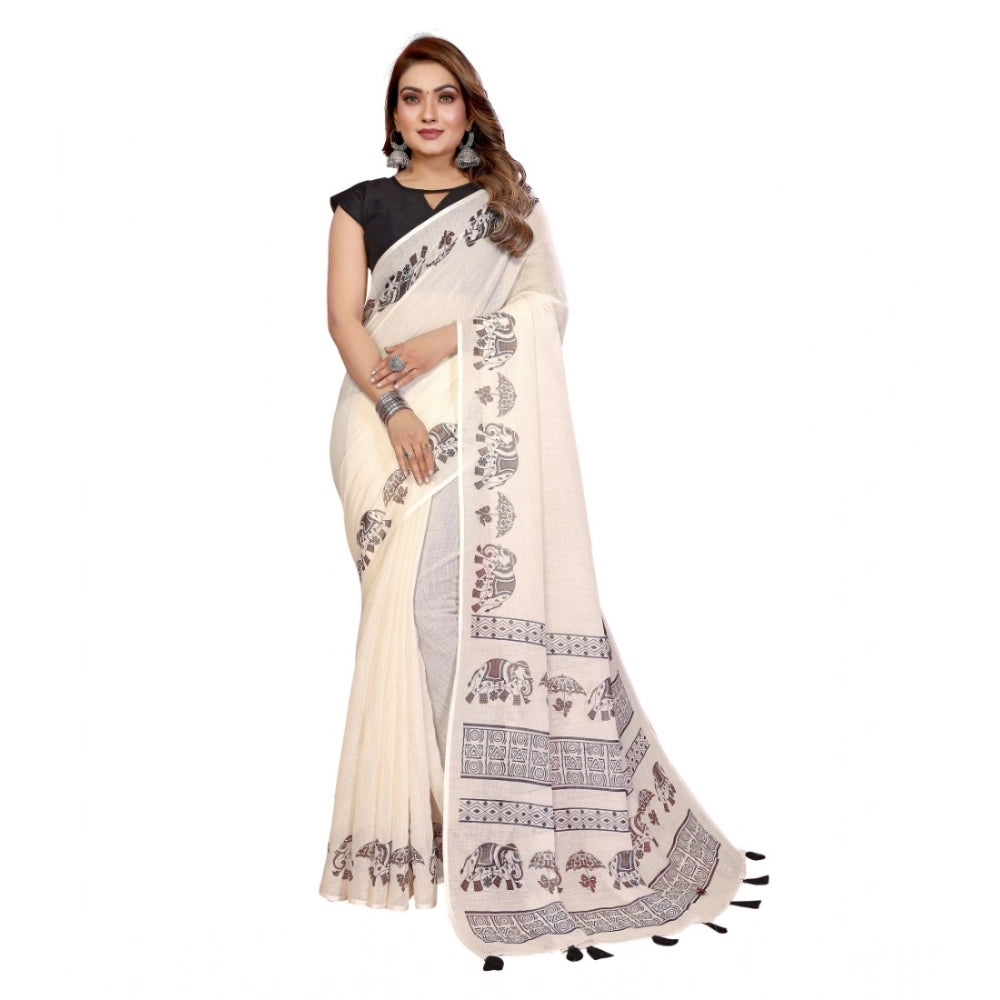 Amfyn Women's Linen Cotton Printed Saree With Unstitched Blouse 5.5Mtr (Off White)