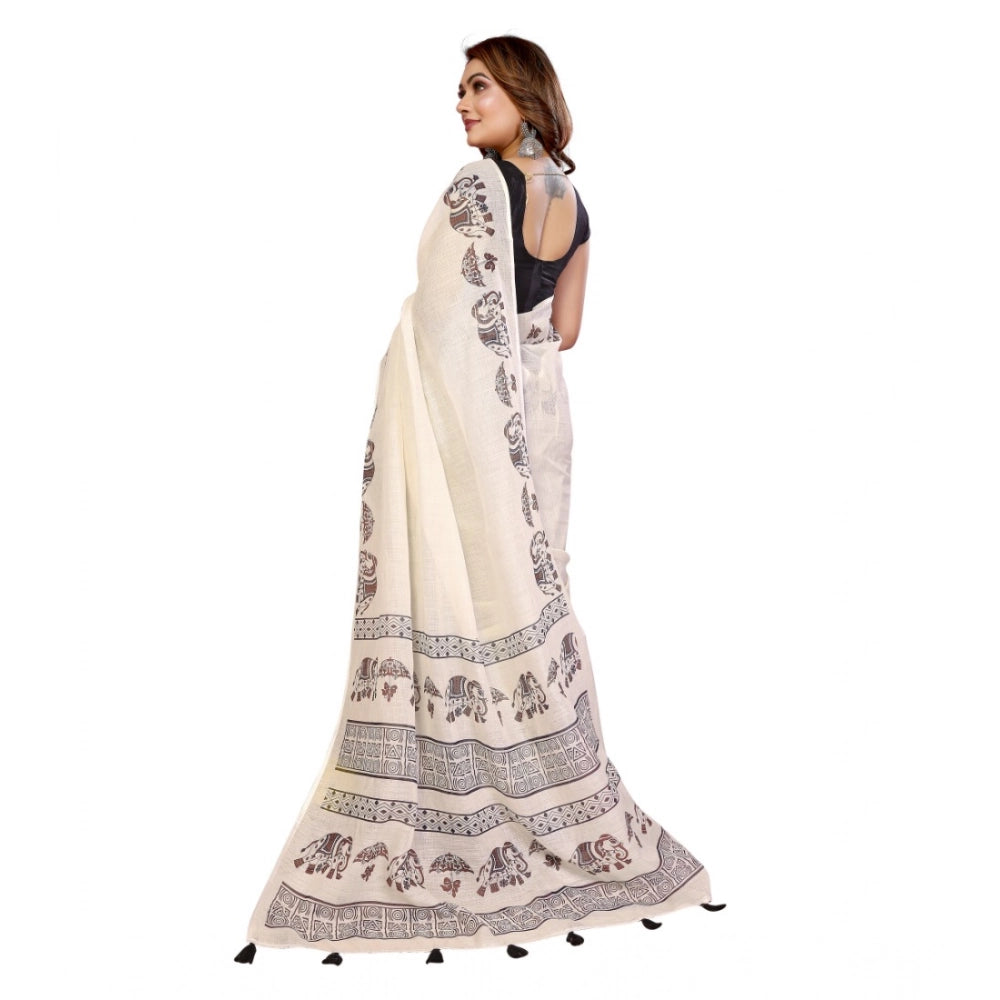 Amfyn Women's Linen Cotton Printed Saree With Unstitched Blouse 5.5Mtr (Off White)