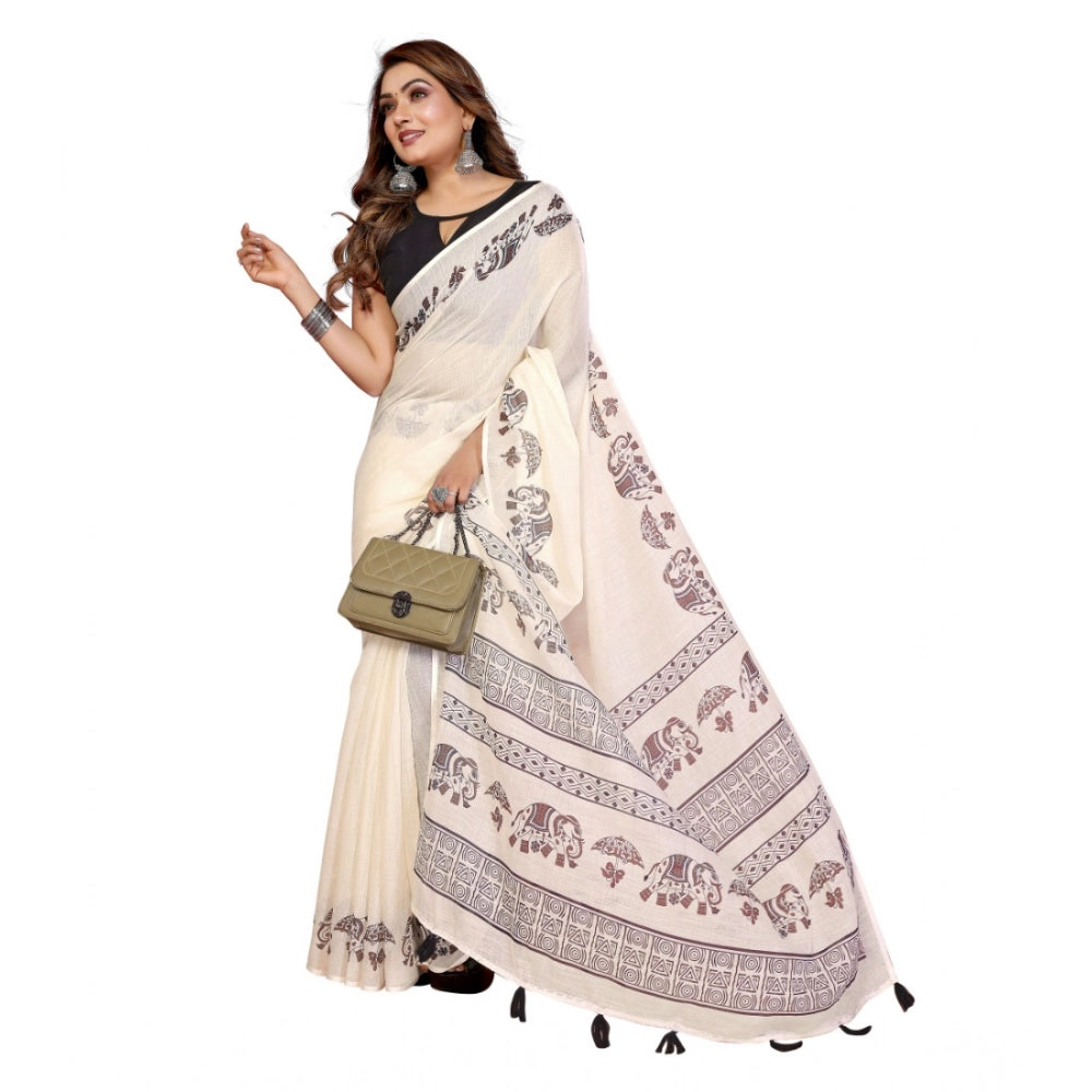 Amfyn Women's Linen Cotton Printed Saree With Unstitched Blouse 5.5Mtr (Off White)