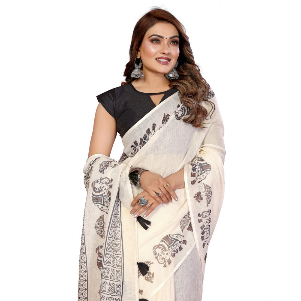Amfyn Women's Linen Cotton Printed Saree With Unstitched Blouse 5.5Mtr (Off White)