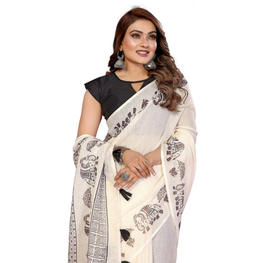 Amfyn Women's Linen Cotton Printed Saree With Unstitched Blouse 5.5Mtr (Off White)