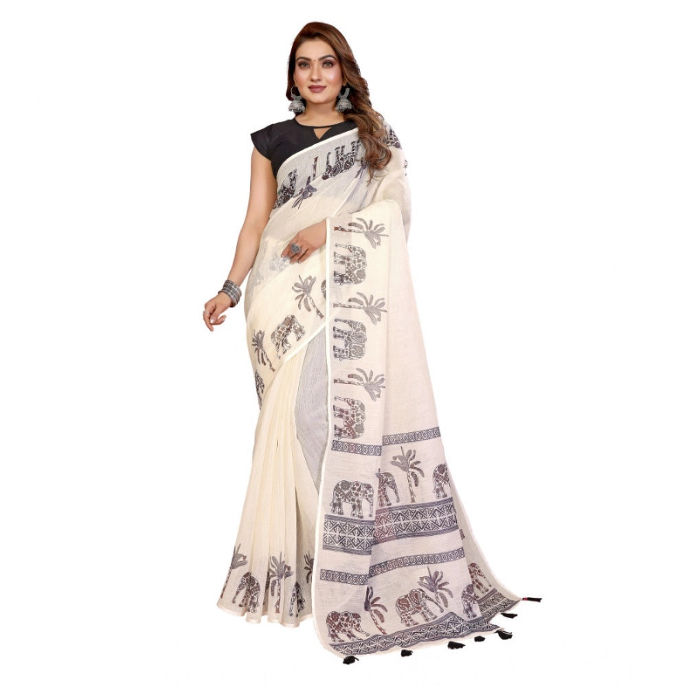 Amfyn Women's Linen Cotton Printed Saree With Unstitched Blouse 5.5Mtr (Off White)