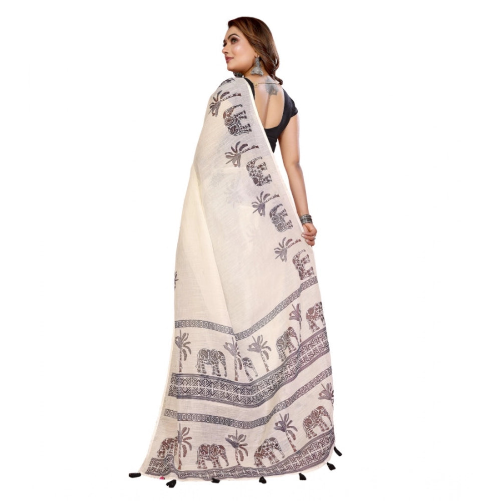 Amfyn Women's Linen Cotton Printed Saree With Unstitched Blouse 5.5Mtr (Off White)