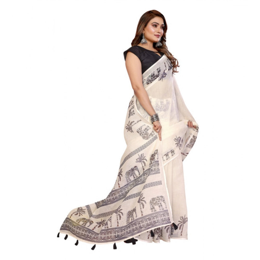 Amfyn Women's Linen Cotton Printed Saree With Unstitched Blouse 5.5Mtr (Off White)