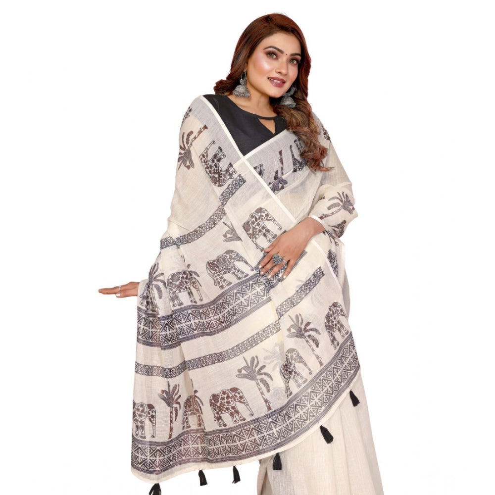 Amfyn Women's Linen Cotton Printed Saree With Unstitched Blouse 5.5Mtr (Off White)