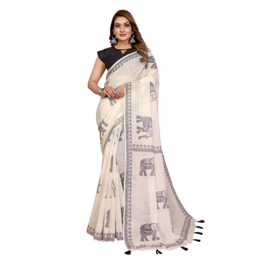 Amfyn Women's Linen Cotton Printed Saree With Unstitched Blouse 5.5Mtr (Off White)