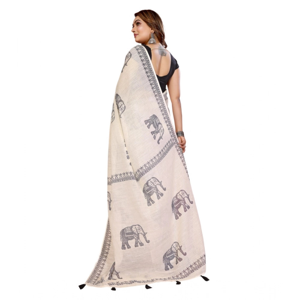 Amfyn Women's Linen Cotton Printed Saree With Unstitched Blouse 5.5Mtr (Off White)