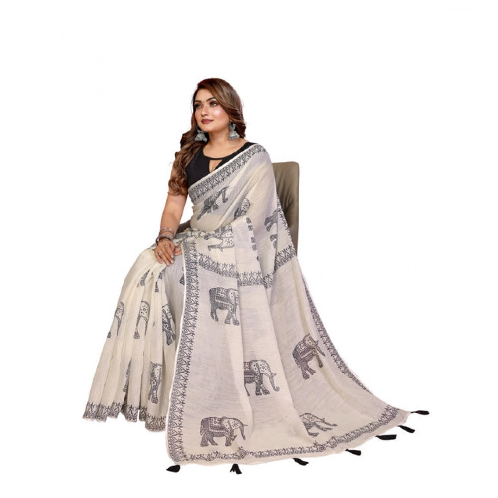 Amfyn Women's Linen Cotton Printed Saree With Unstitched Blouse 5.5Mtr (Off White)