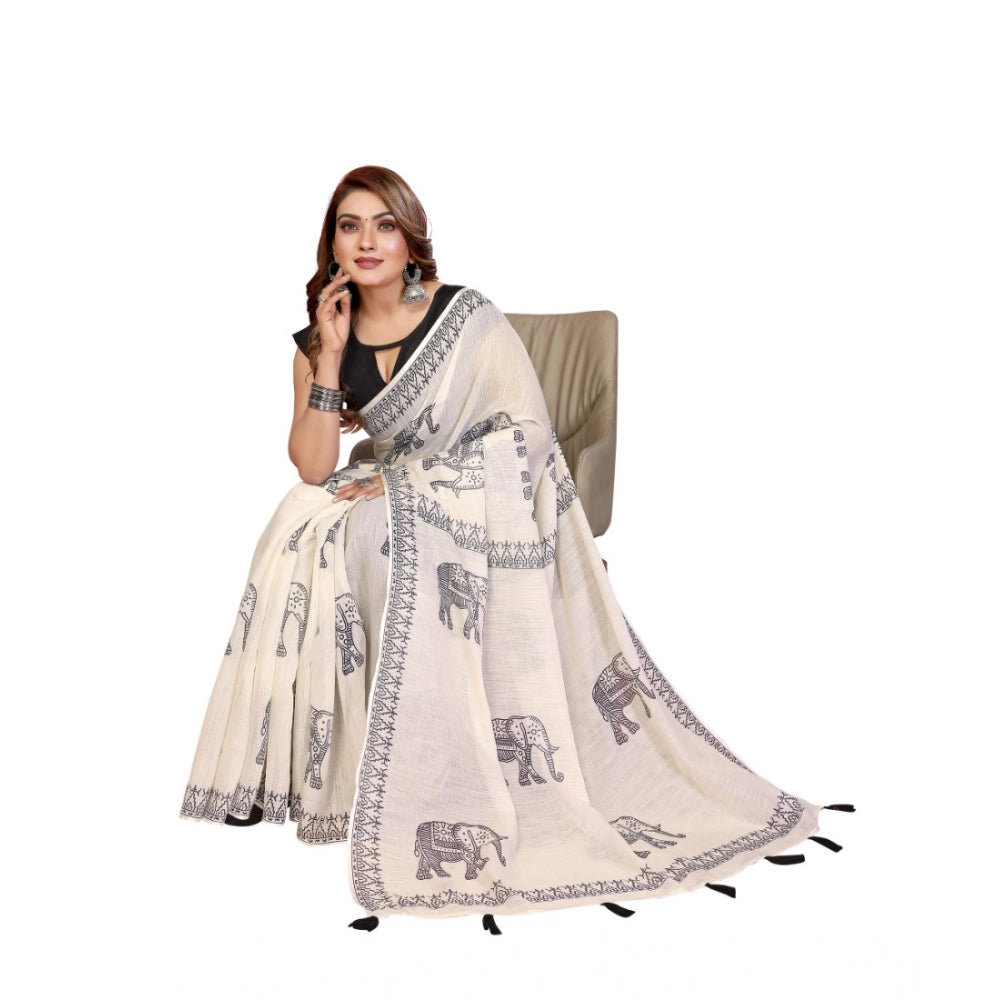 Amfyn Women's Linen Cotton Printed Saree With Unstitched Blouse 5.5Mtr (Off White)