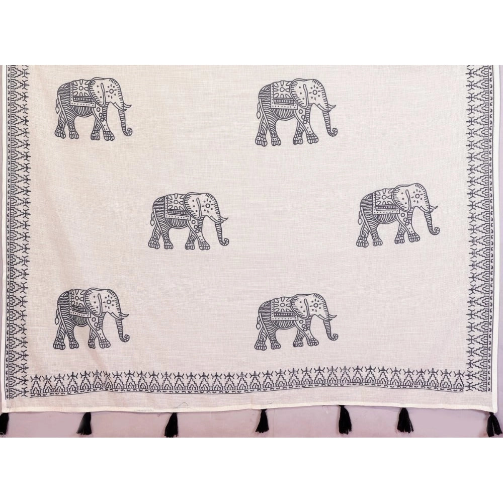 Amfyn Women's Linen Cotton Printed Saree With Unstitched Blouse 5.5Mtr (Off White)
