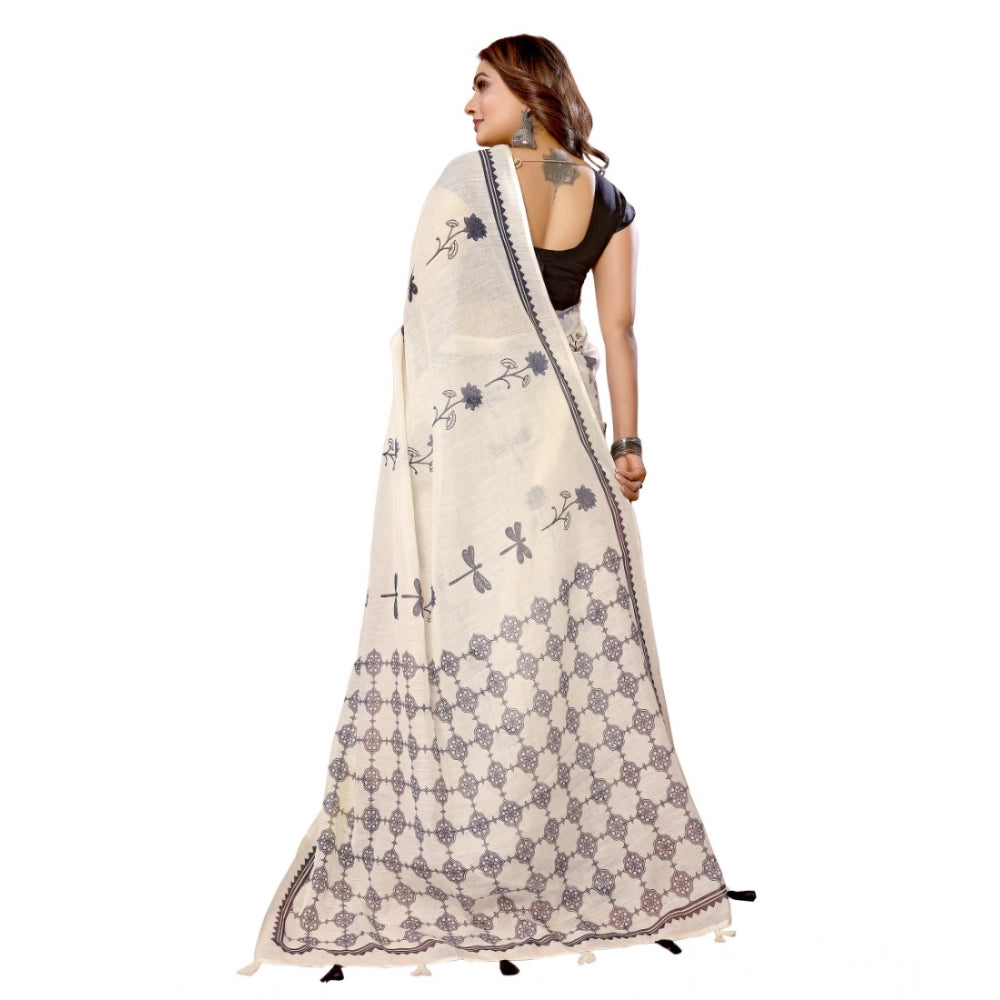 Amfyn Women's Linen Cotton Printed Saree With Unstitched Blouse 5.5Mtr (Off White)