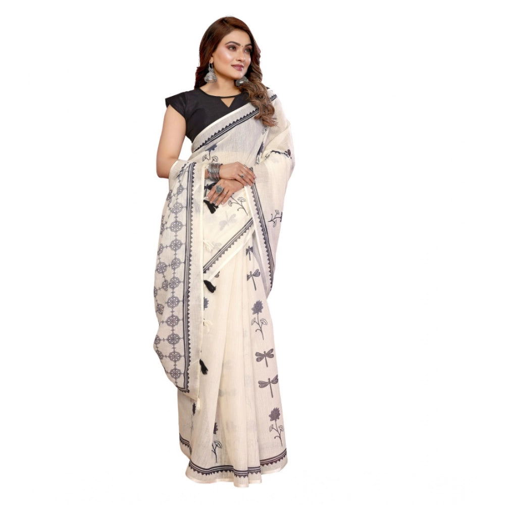 Amfyn Women's Linen Cotton Printed Saree With Unstitched Blouse 5.5Mtr (Off White)