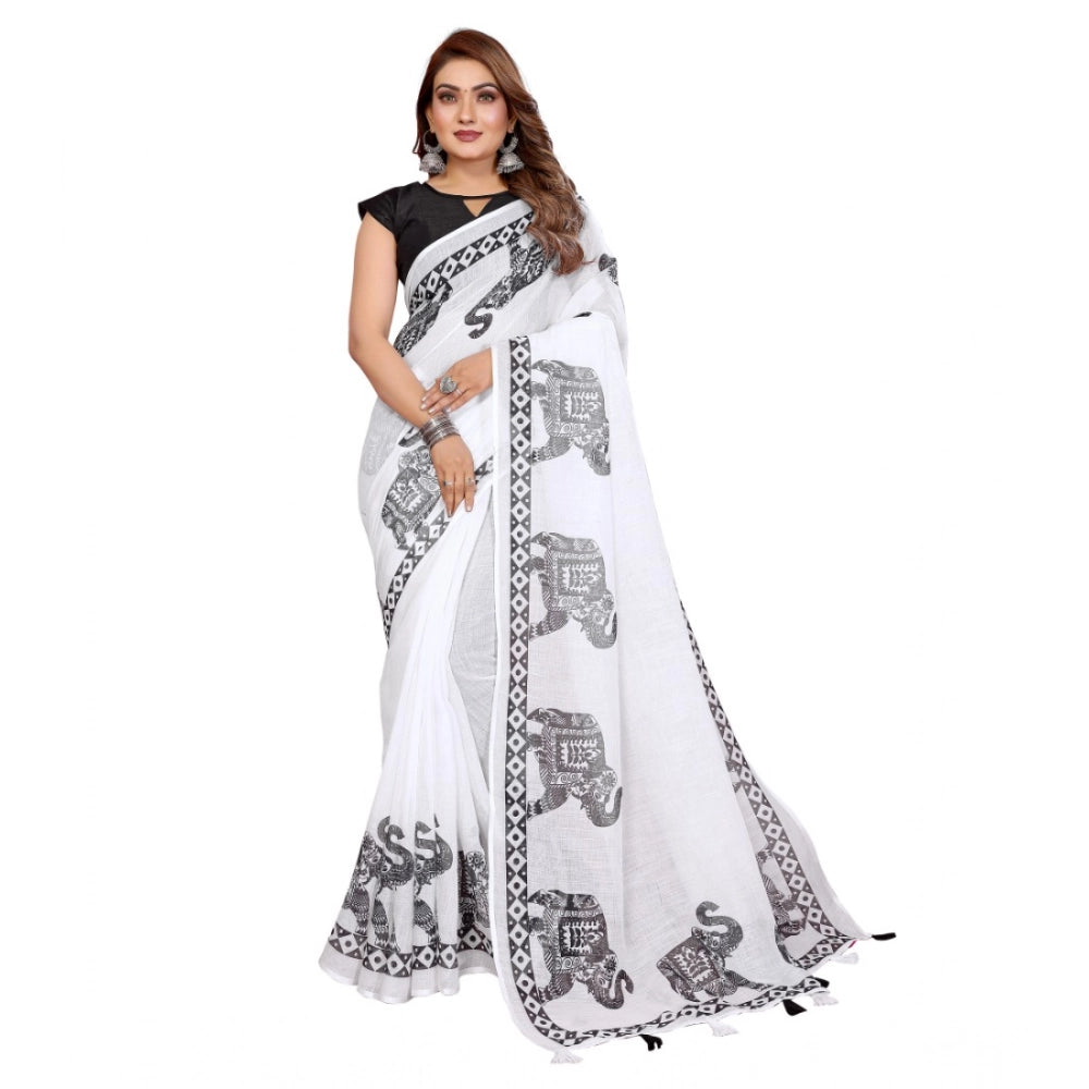 Amfyn Women's Linen Cotton Printed Saree With Unstitched Blouse 5.5Mtr (White)