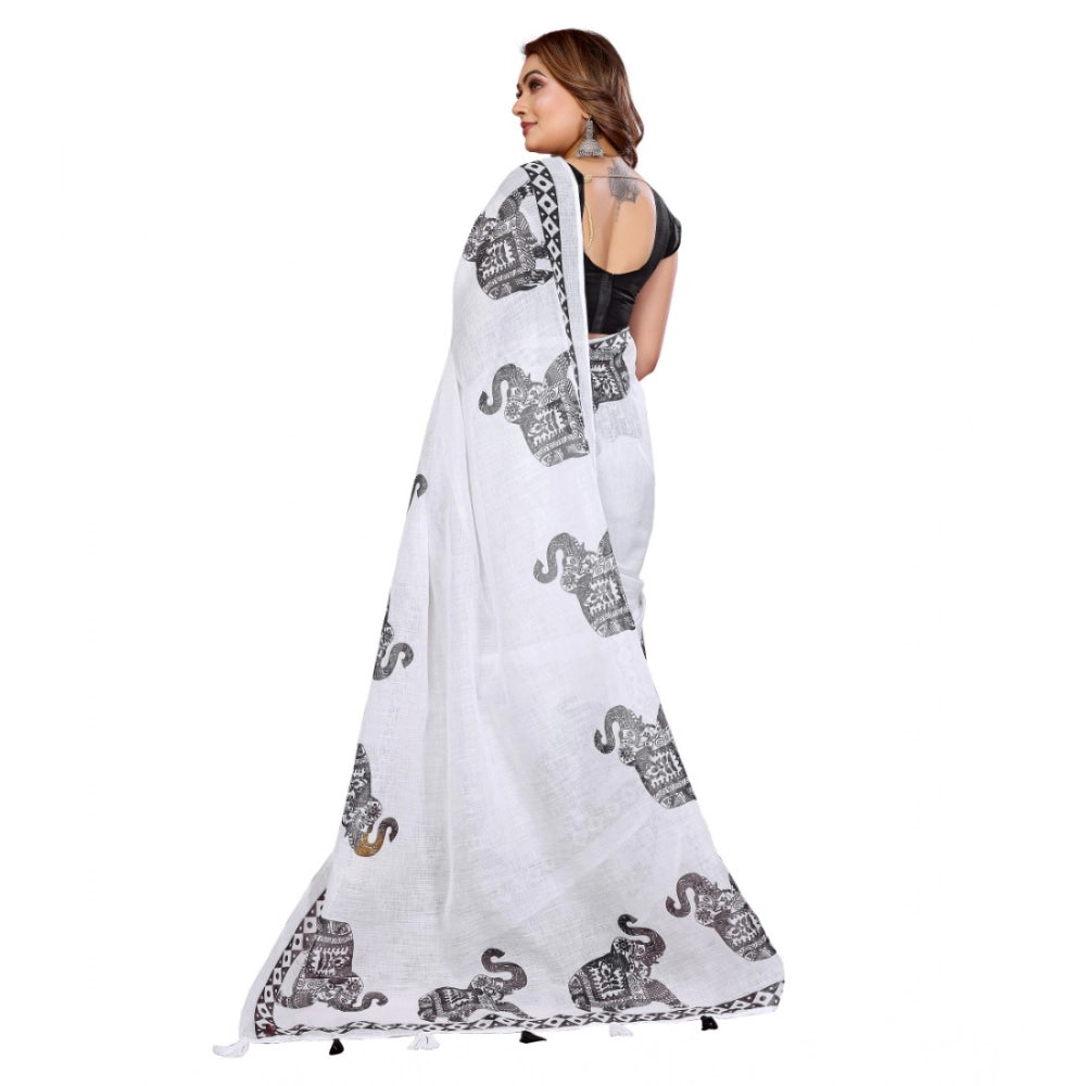 Amfyn Women's Linen Cotton Printed Saree With Unstitched Blouse 5.5Mtr (White)