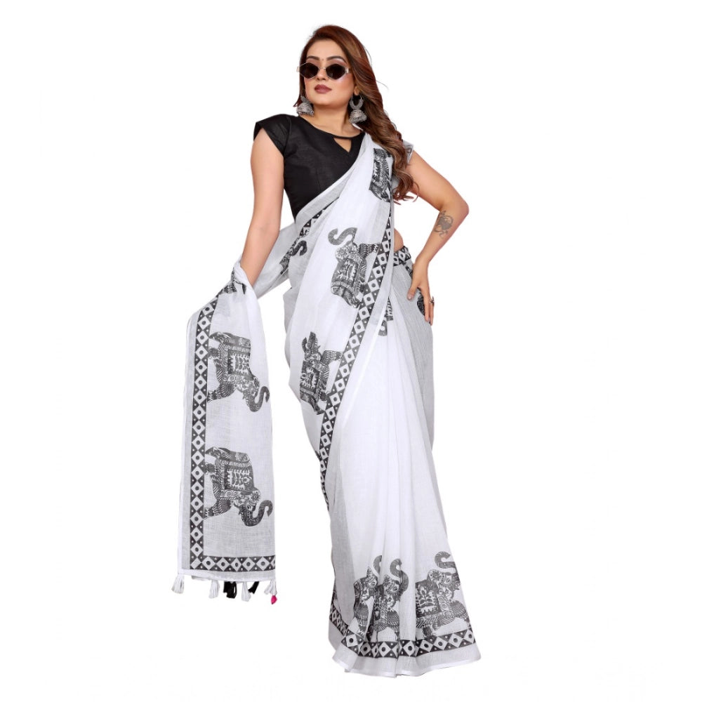 Amfyn Women's Linen Cotton Printed Saree With Unstitched Blouse 5.5Mtr (White)