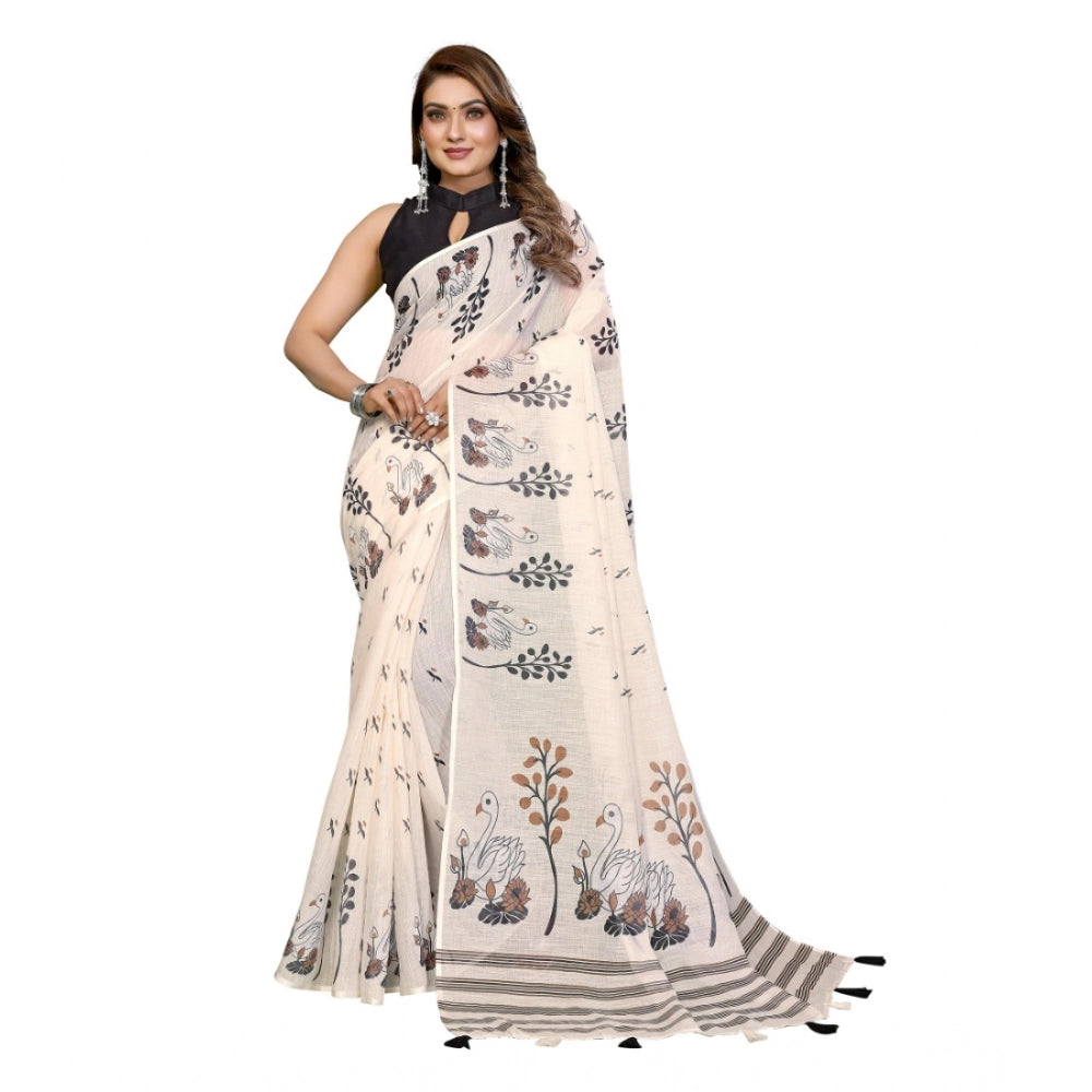 Amfyn Women's Linen Cotton Printed Saree With Unstitched Blouse 5.5Mtr (Off White)