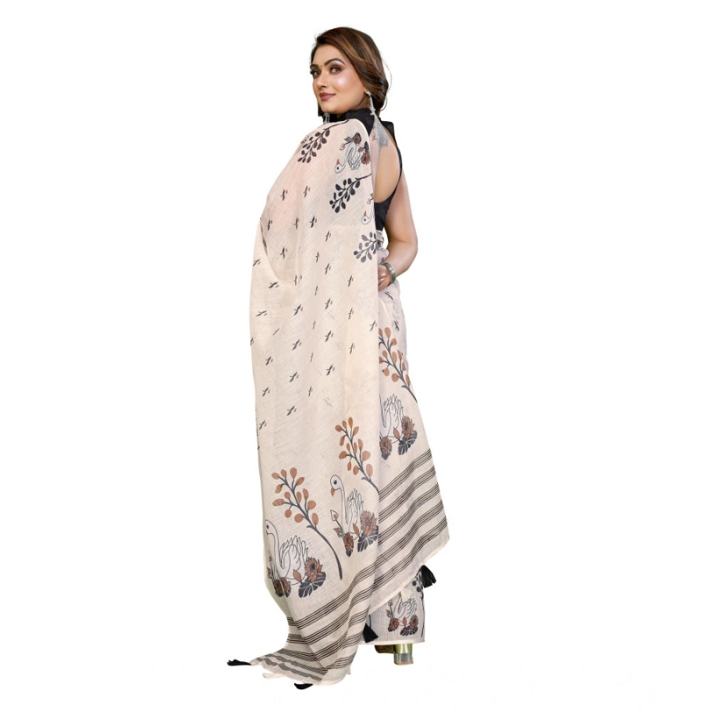Amfyn Women's Linen Cotton Printed Saree With Unstitched Blouse 5.5Mtr (Off White)