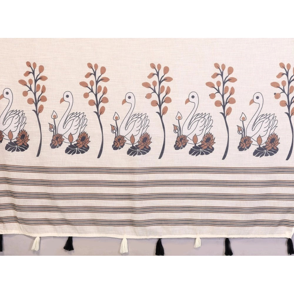 Amfyn Women's Linen Cotton Printed Saree With Unstitched Blouse 5.5Mtr (Off White)