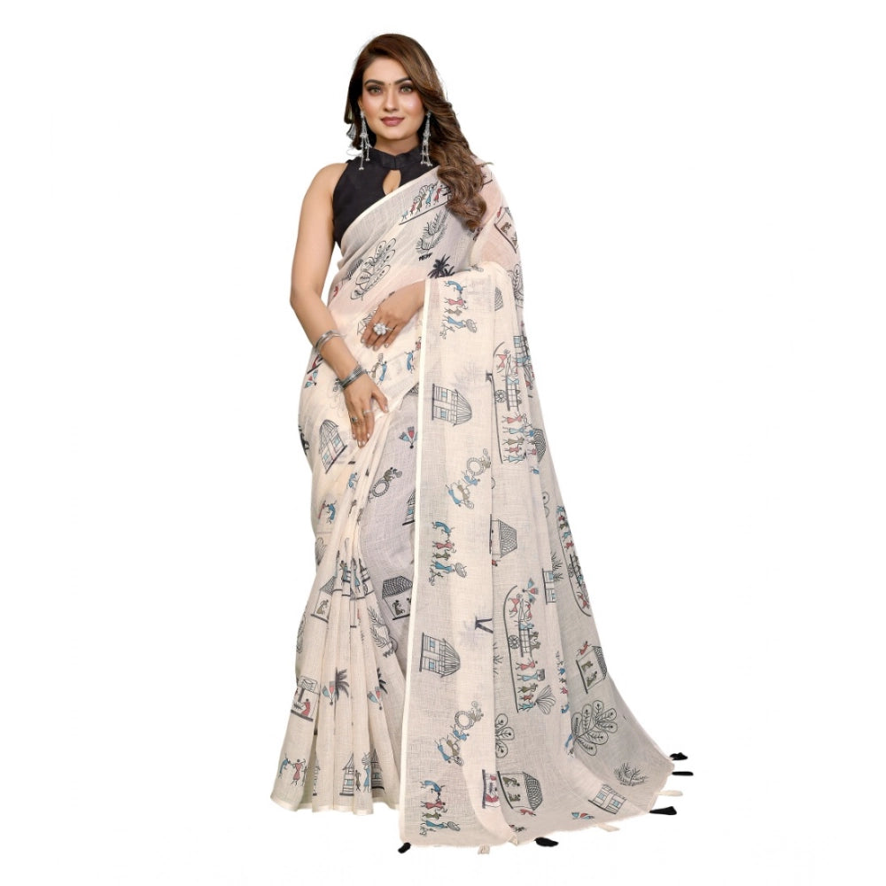 Amfyn Women's Linen Cotton Printed Saree With Unstitched Blouse 5.5Mtr (Off White)