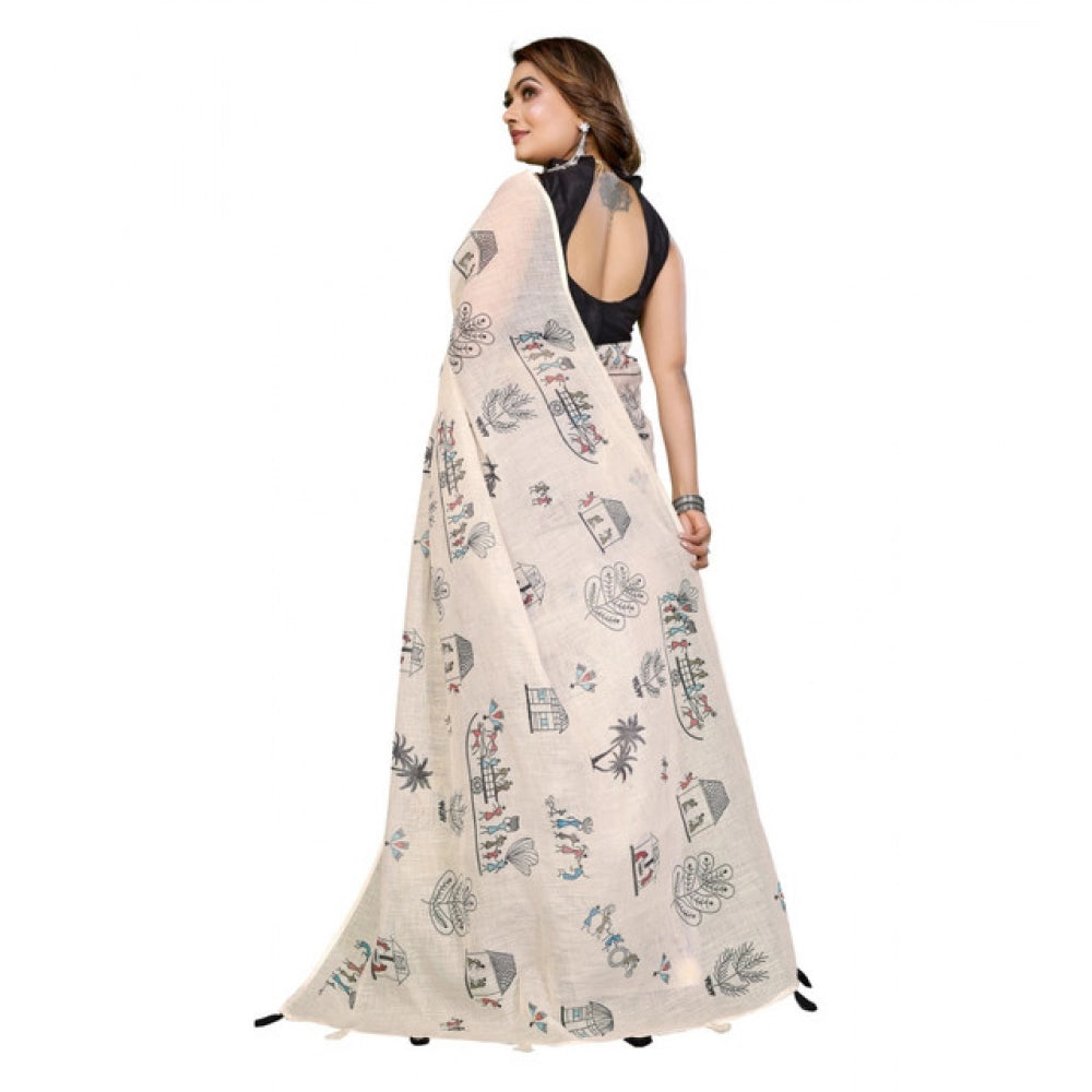 Amfyn Women's Linen Cotton Printed Saree With Unstitched Blouse 5.5Mtr (Off White)
