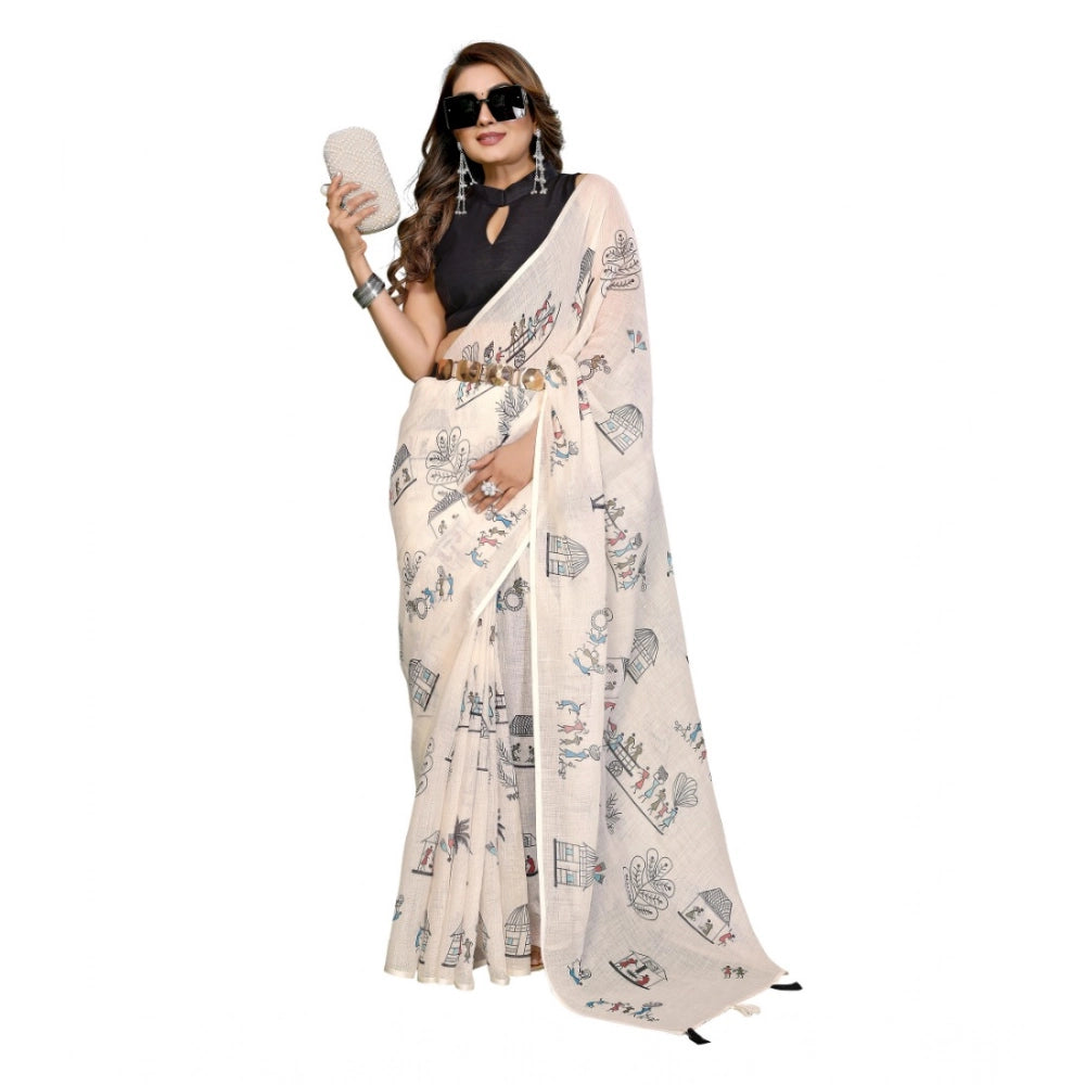 Amfyn Women's Linen Cotton Printed Saree With Unstitched Blouse 5.5Mtr (Off White)