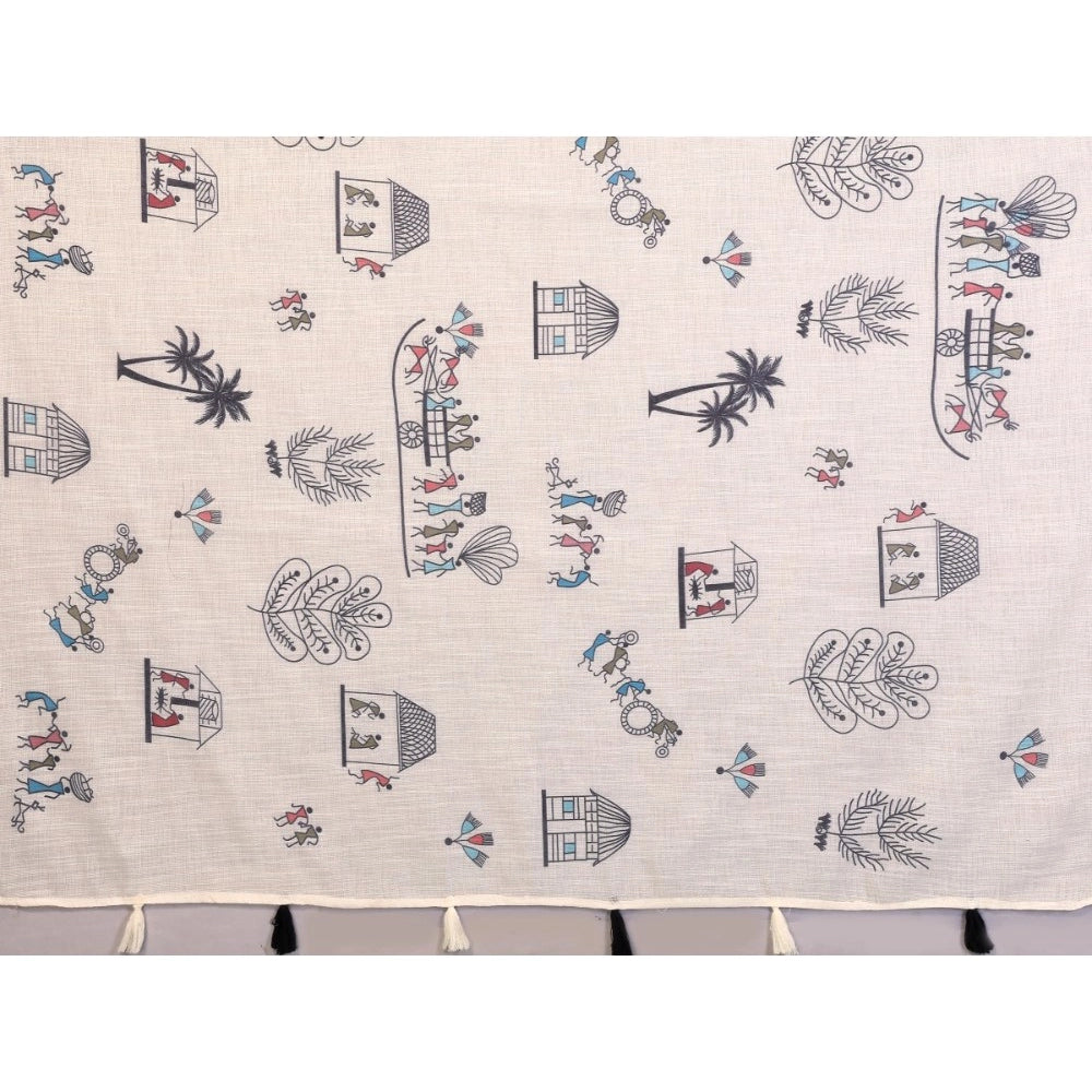 Amfyn Women's Linen Cotton Printed Saree With Unstitched Blouse 5.5Mtr (Off White)
