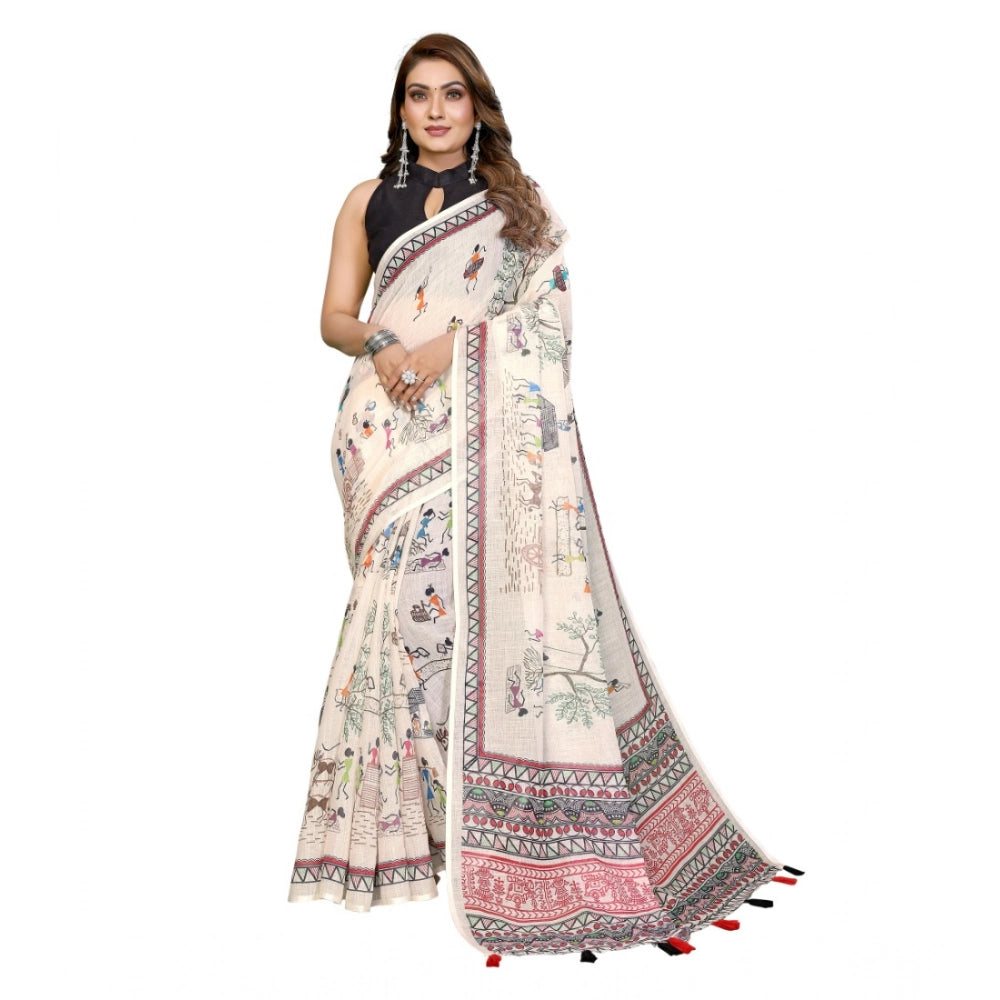 Amfyn Women's Linen Cotton Printed Saree With Unstitched Blouse 5.5Mtr (Off White)