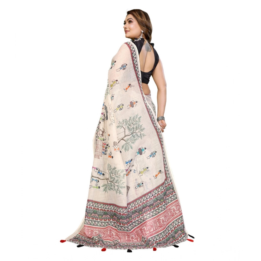 Amfyn Women's Linen Cotton Printed Saree With Unstitched Blouse 5.5Mtr (Off White)