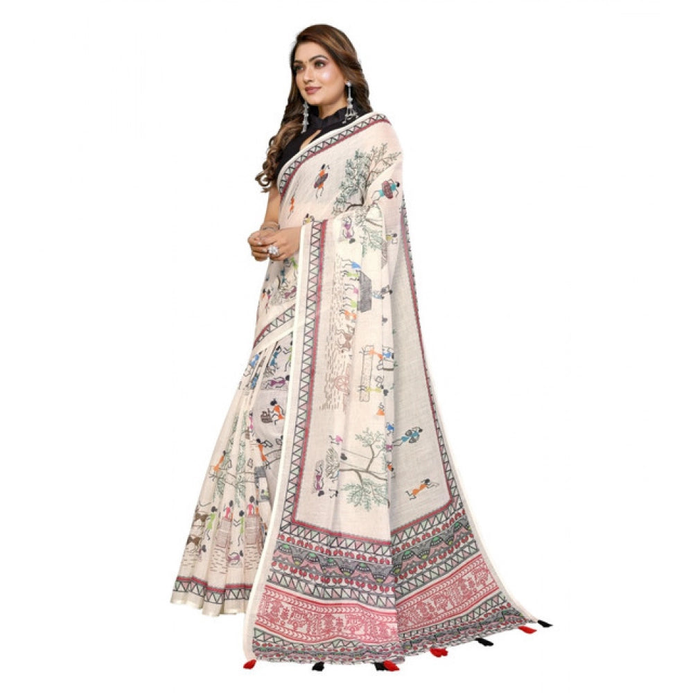 Amfyn Women's Linen Cotton Printed Saree With Unstitched Blouse 5.5Mtr (Off White)