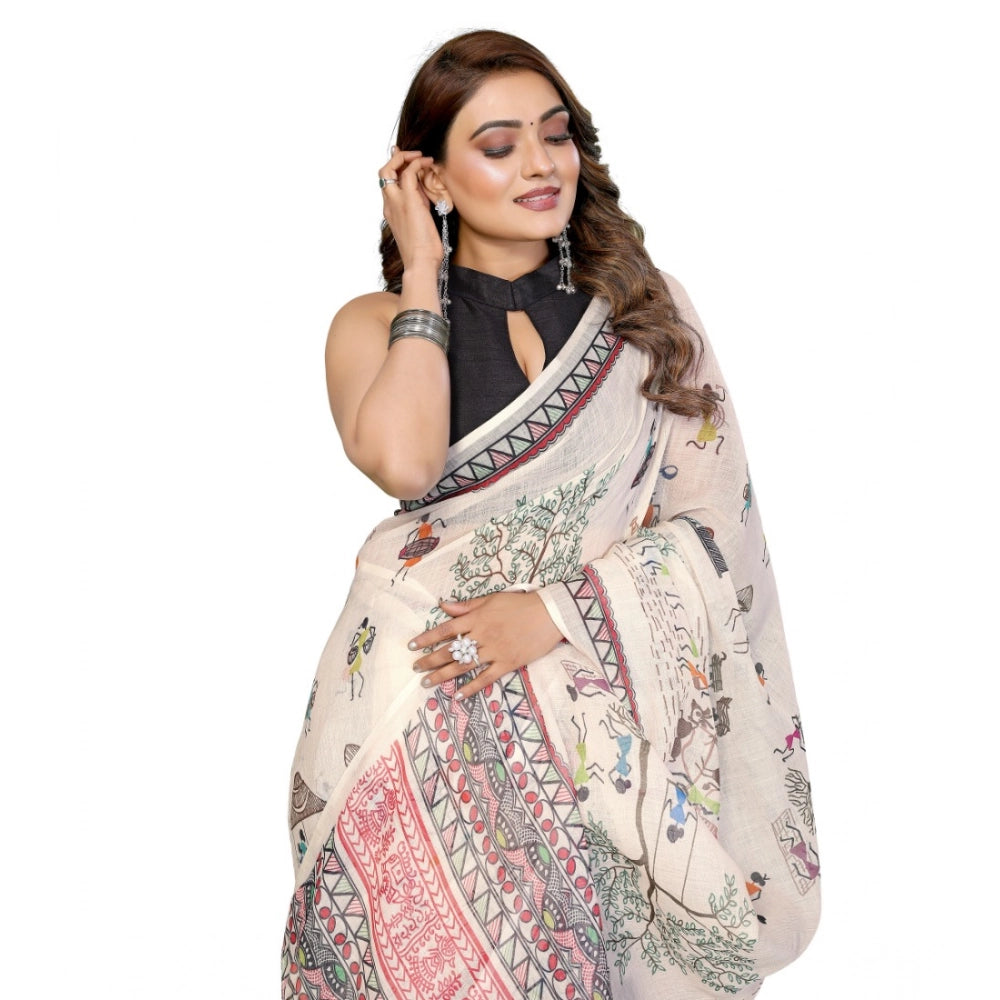 Amfyn Women's Linen Cotton Printed Saree With Unstitched Blouse 5.5Mtr (Off White)