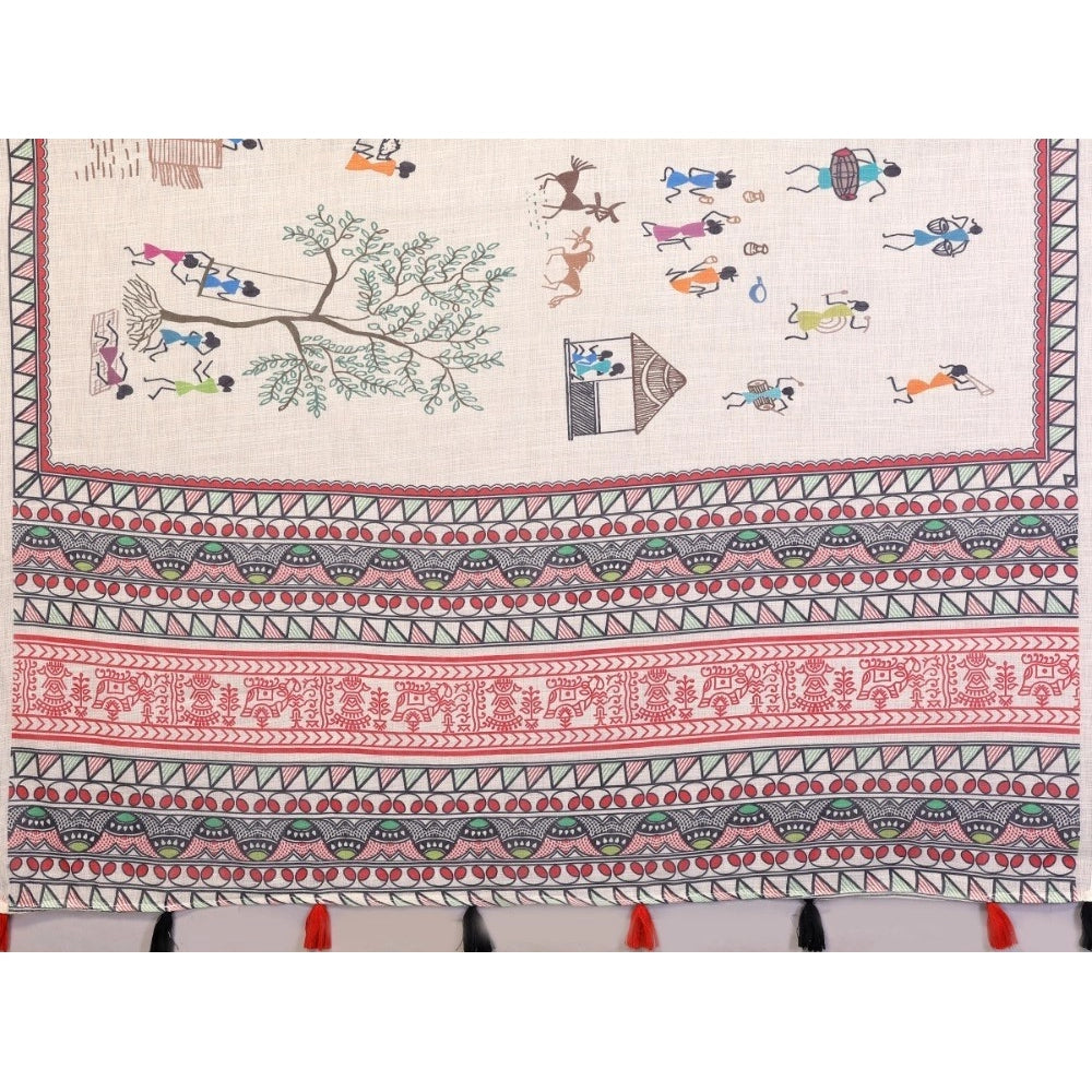 Amfyn Women's Linen Cotton Printed Saree With Unstitched Blouse 5.5Mtr (Off White)