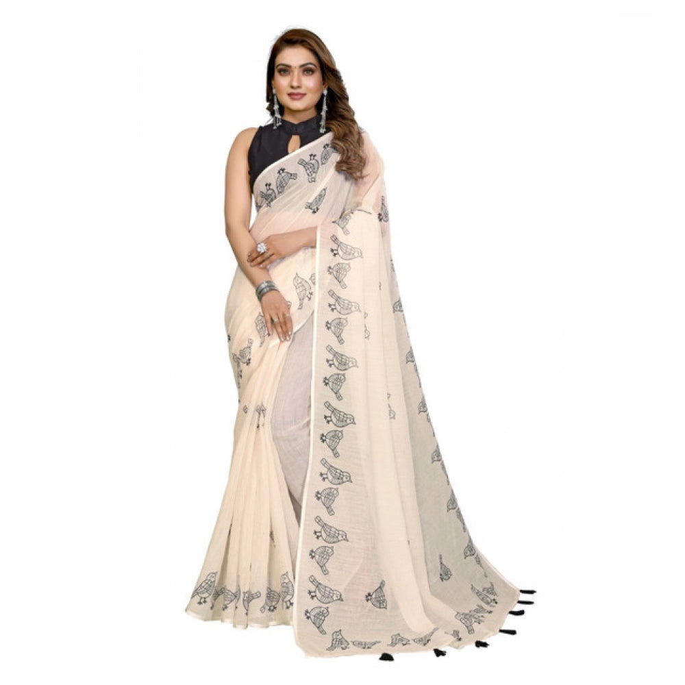 Amfyn Women's Linen Cotton Printed Saree With Unstitched Blouse 5.5Mtr (Off White)