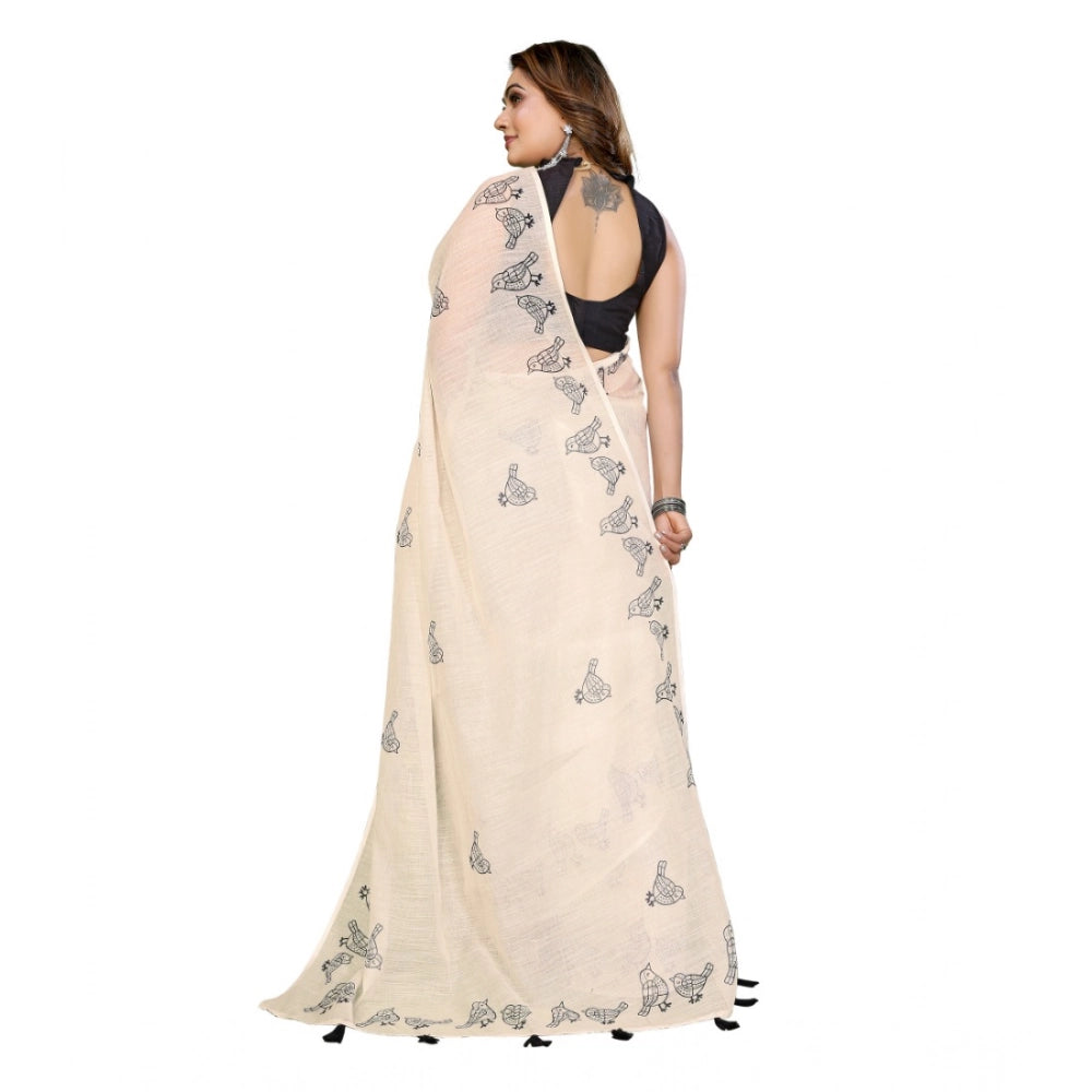 Amfyn Women's Linen Cotton Printed Saree With Unstitched Blouse 5.5Mtr (Off White)