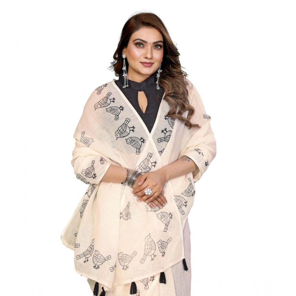 Amfyn Women's Linen Cotton Printed Saree With Unstitched Blouse 5.5Mtr (Off White)