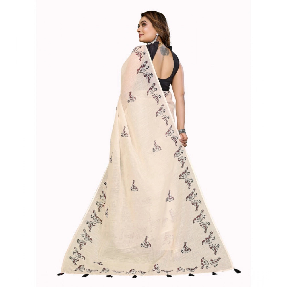 Amfyn Women's Linen Cotton Printed Saree With Unstitched Blouse 5.5Mtr (Off White)